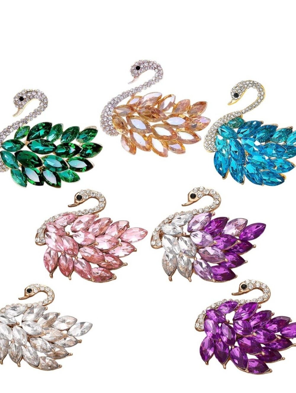 Swan Brooch – Purple, Pink, Blue, Green, Clear, Gold